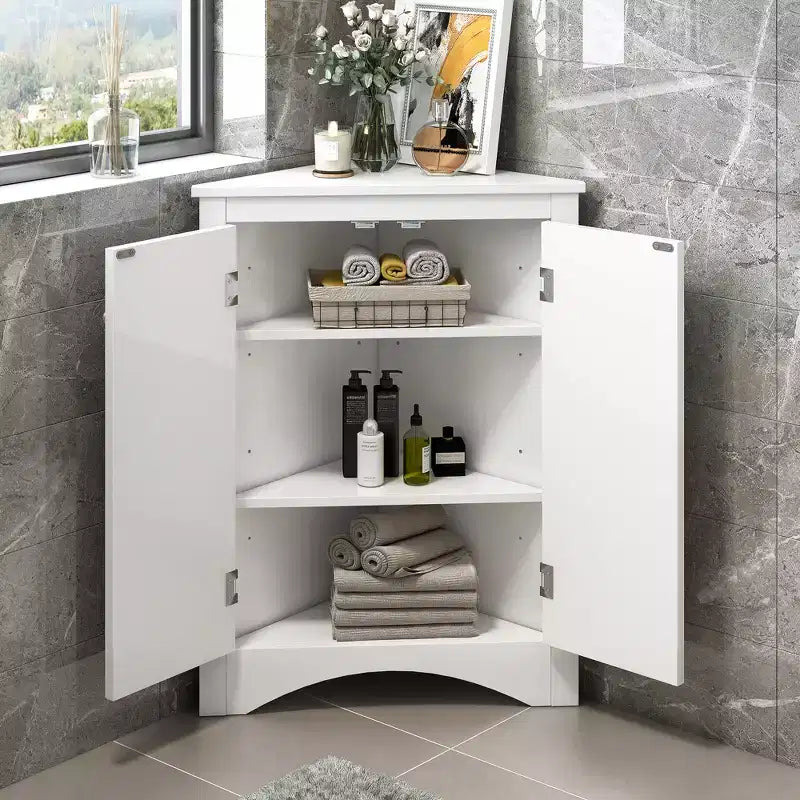 Meuble de rangement d'angle de salle de bain rustique avec étagères réglables, meuble au sol en bois autoportant - ModernLuxe