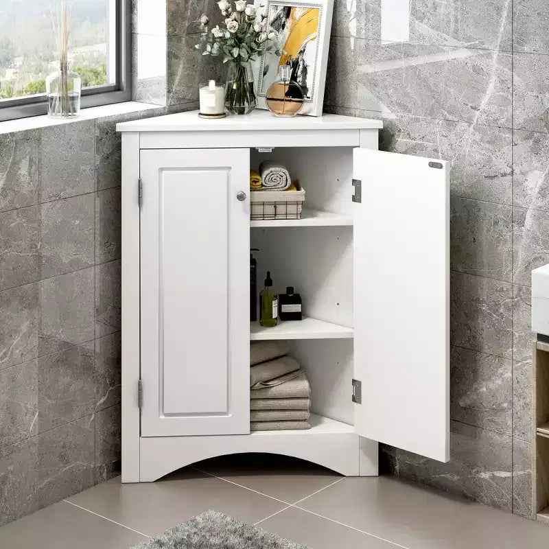 Meuble de rangement d'angle de salle de bain rustique avec étagères réglables, meuble au sol en bois autoportant - ModernLuxe