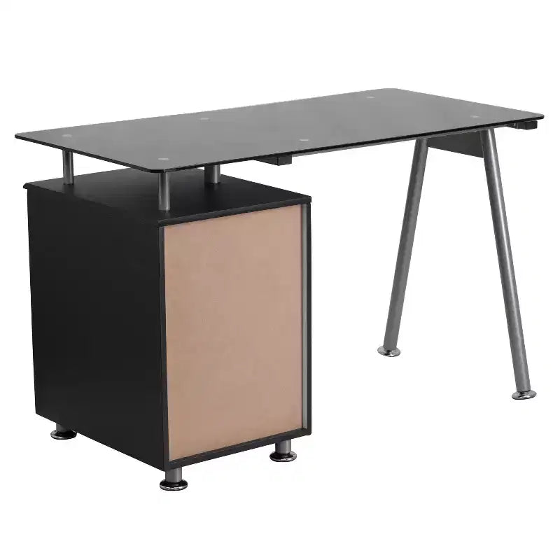 Bureau d'ordinateur en verre noir Emma et Oliver avec caisson à trois tiroirs