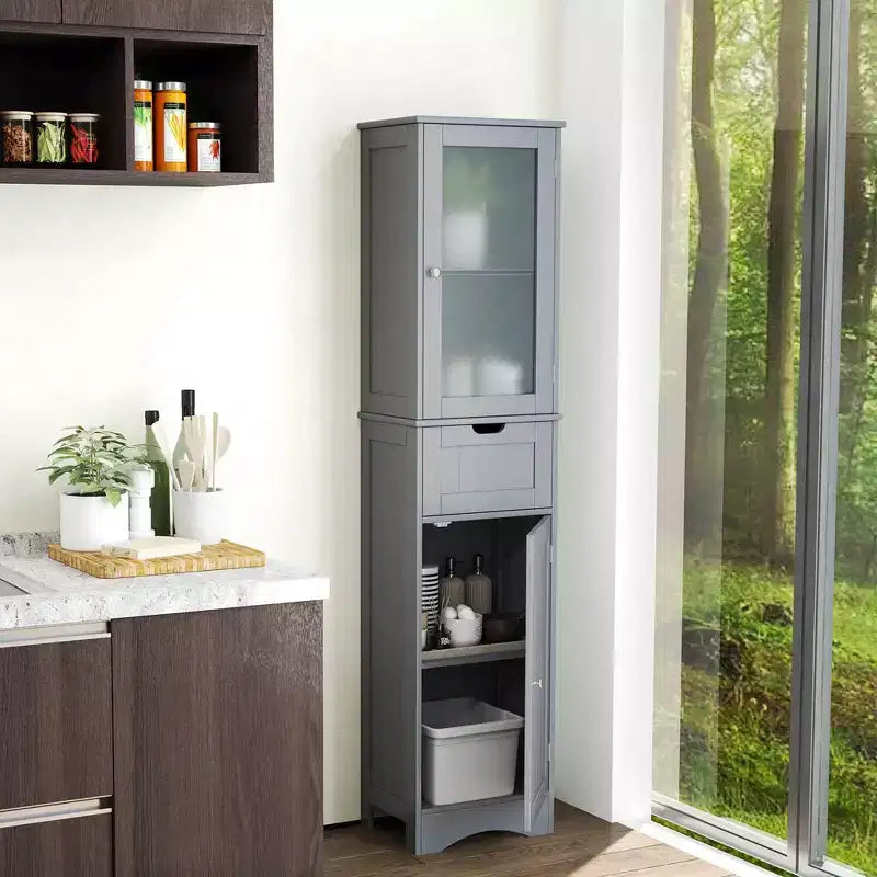 Armoire haute de salle de bain Costway, meuble colonne autoportant avec portes et tiroir, noir/gris/blanc