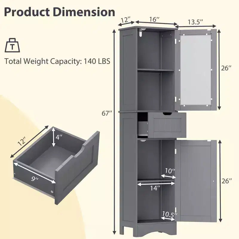 Armoire haute de salle de bain Costway, meuble colonne autoportant avec portes et tiroir, noir/gris/blanc