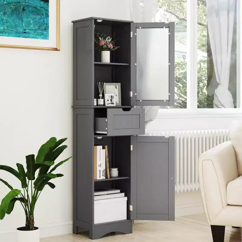 Armoire haute de salle de bain Costway, meuble colonne autoportant avec portes et tiroir, noir/gris/blanc