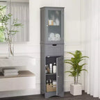 Armoire haute de salle de bain Costway, meuble colonne autoportant avec portes et tiroir, noir/gris/blanc