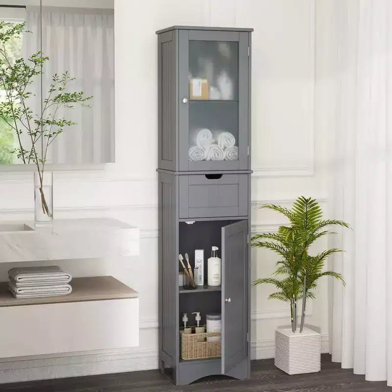 Armoire haute de salle de bain Costway, meuble colonne autoportant avec portes et tiroir, noir/gris/blanc