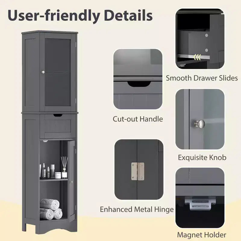 Armoire haute de salle de bain Costway, meuble colonne autoportant avec portes et tiroir, noir/gris/blanc