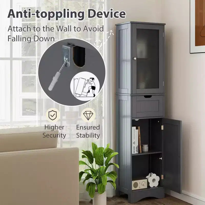 Armoire haute de salle de bain Costway, meuble colonne autoportant avec portes et tiroir, noir/gris/blanc