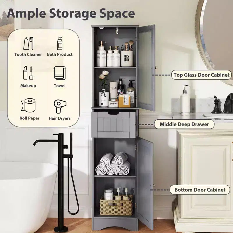 Armoire haute de salle de bain Costway, meuble colonne autoportant avec portes et tiroir, noir/gris/blanc