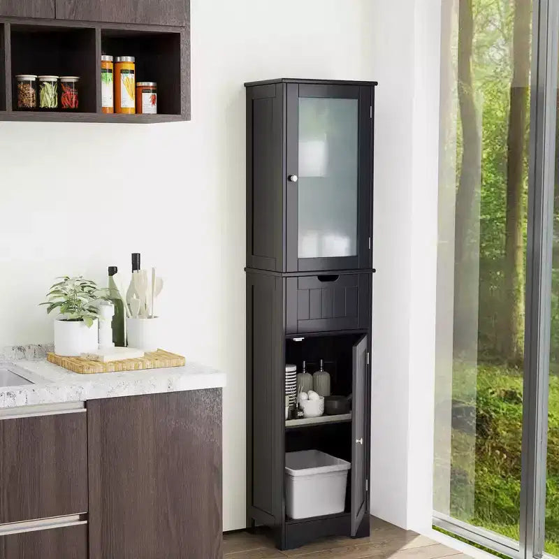 Armoire haute de salle de bain Costway, meuble colonne autoportant avec portes et tiroir, noir/gris/blanc