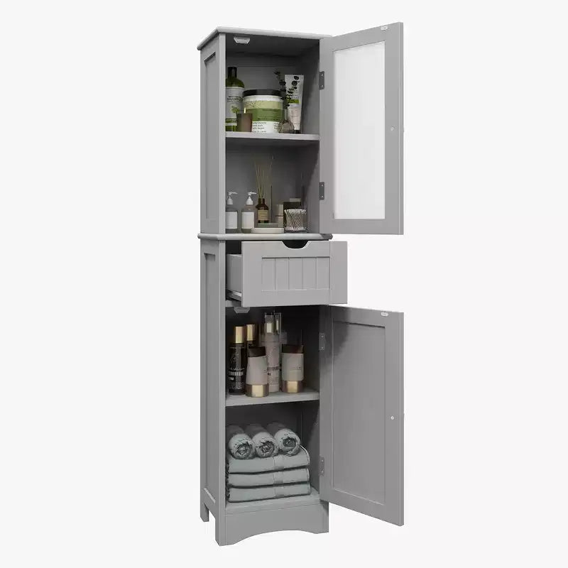 Armoire haute de salle de bain Costway, meuble colonne autoportant avec portes et tiroir, noir/gris/blanc