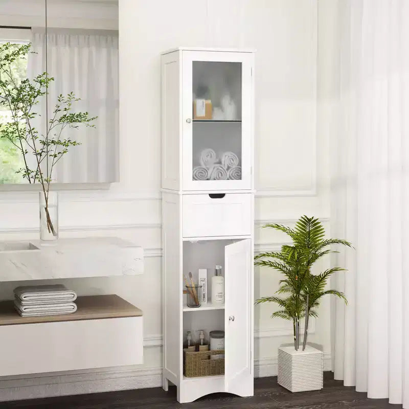 Armoire haute de salle de bain Costway, meuble colonne autoportant avec portes et tiroir, noir/gris/blanc