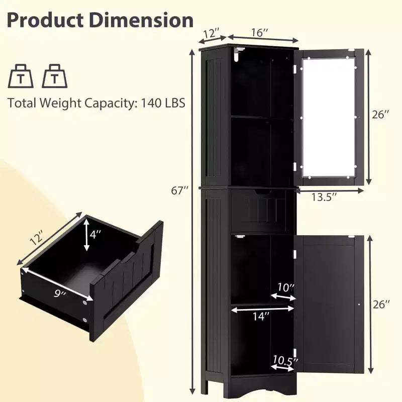 Armoire haute de salle de bain Costway, meuble colonne autoportant avec portes et tiroir, noir/gris/blanc