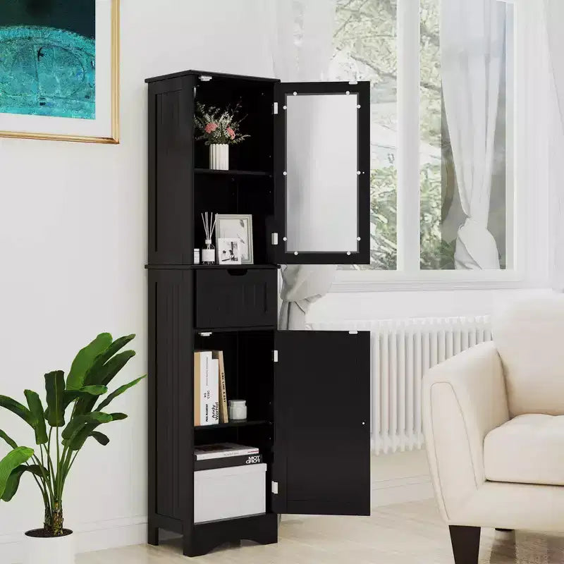 Armoire haute de salle de bain Costway, meuble colonne autoportant avec portes et tiroir, noir/gris/blanc