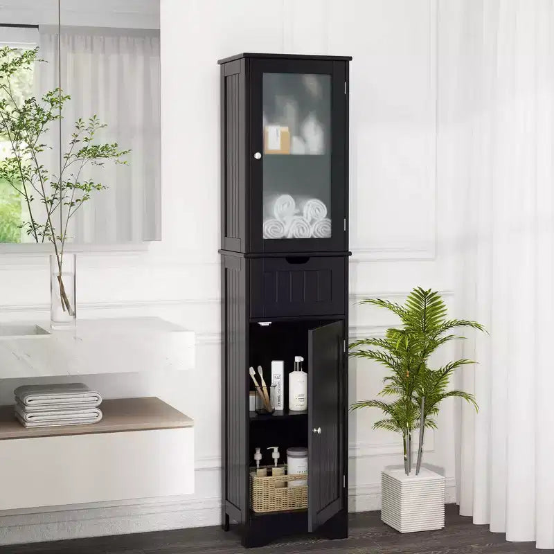 Armoire haute de salle de bain Costway, meuble colonne autoportant avec portes et tiroir, noir/gris/blanc