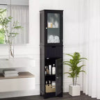 Armoire haute de salle de bain Costway, meuble colonne autoportant avec portes et tiroir, noir/gris/blanc