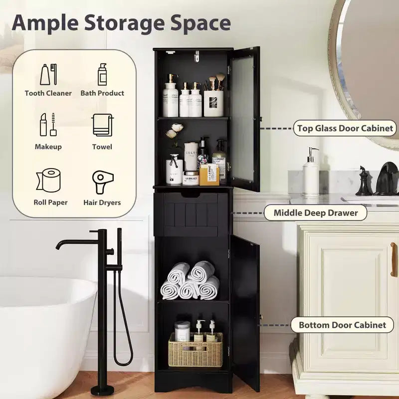 Armoire haute de salle de bain Costway, meuble colonne autoportant avec portes et tiroir, noir/gris/blanc