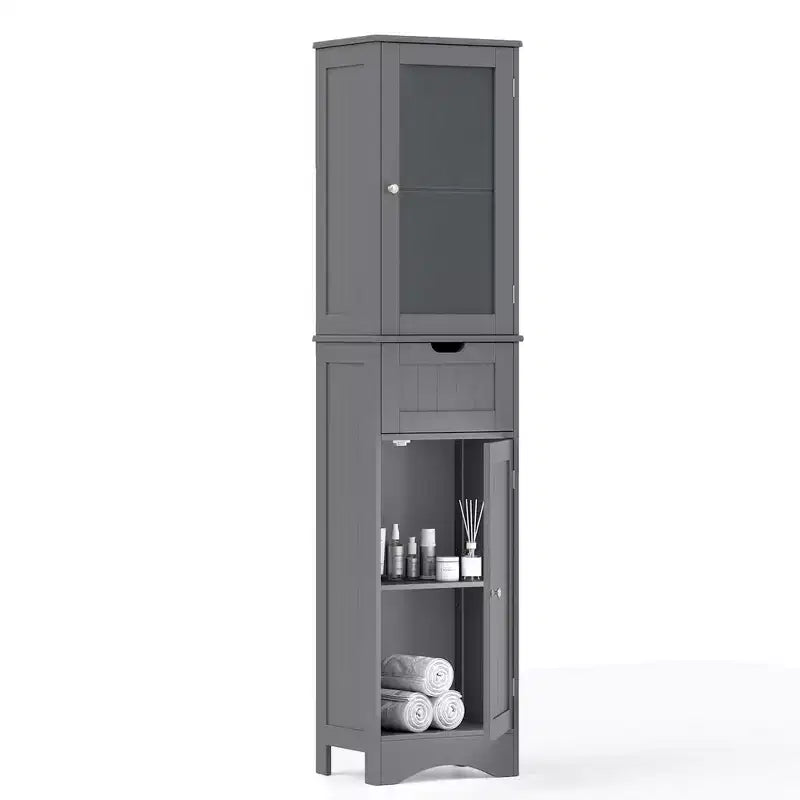 Armoire haute de salle de bain Costway, meuble colonne autoportant avec portes et tiroir, noir/gris/blanc