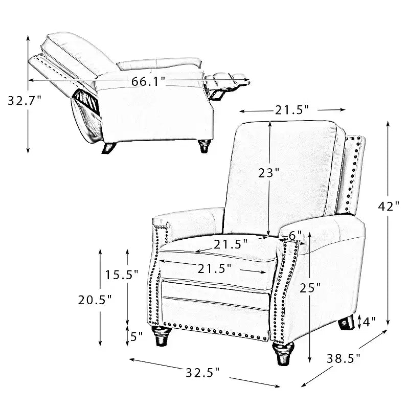 Lot de 2 fauteuils inclinables modernes en cuir véritable Theresa avec garniture cloutée pour le salon et la chambre à coucher | ART OF LIVING DESIGNS