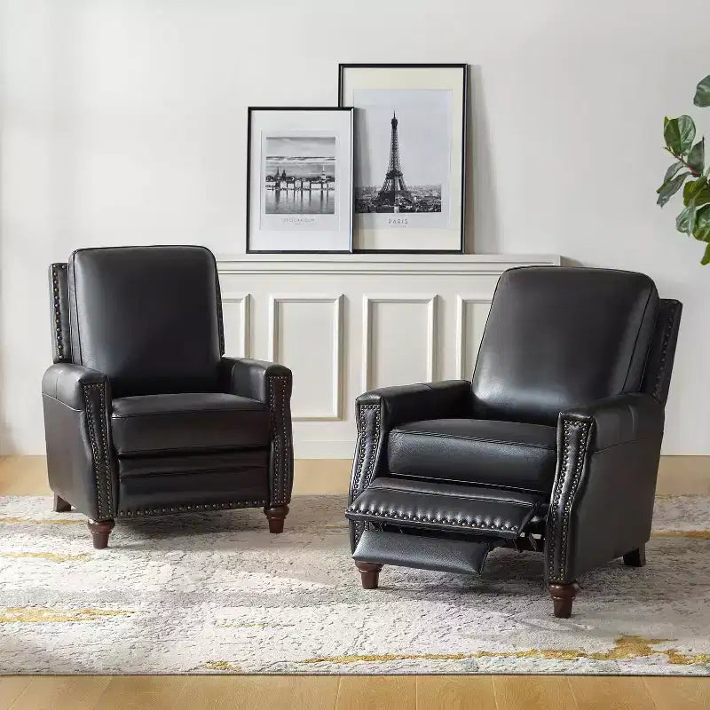 Lot de 2 fauteuils inclinables modernes en cuir véritable Theresa avec garniture cloutée pour le salon et la chambre à coucher | ART OF LIVING DESIGNS
