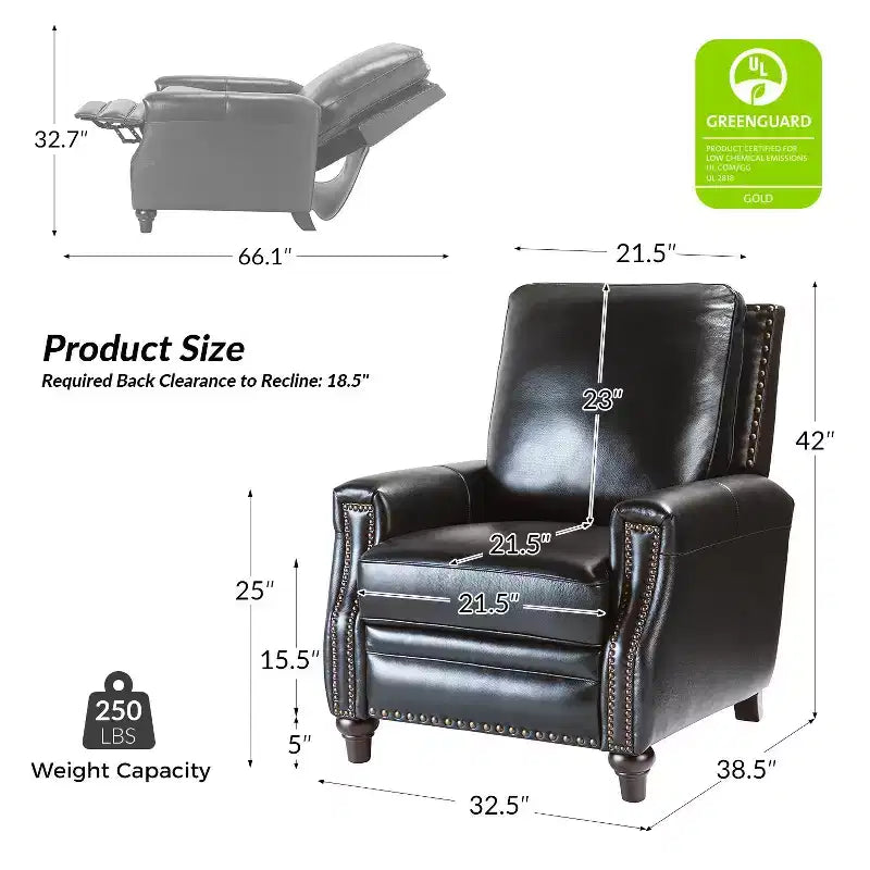 Lot de 2 fauteuils inclinables modernes en cuir véritable Theresa avec garniture cloutée pour le salon et la chambre à coucher | ART OF LIVING DESIGNS