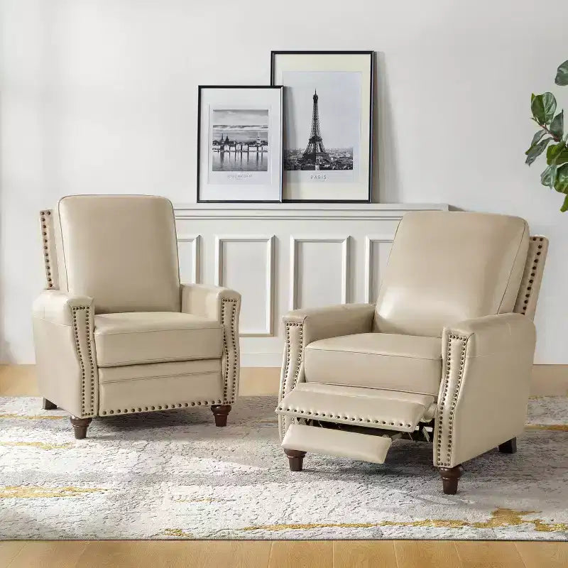 Lot de 2 fauteuils inclinables modernes en cuir véritable Theresa avec garniture cloutée pour le salon et la chambre à coucher | ART OF LIVING DESIGNS