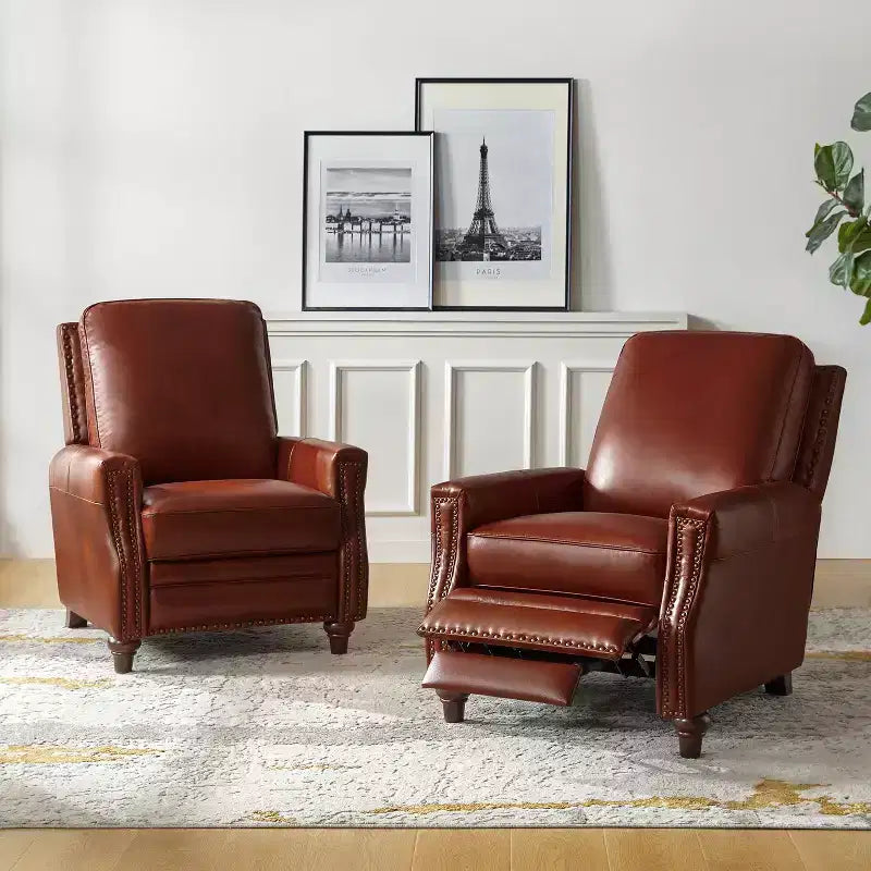 Lot de 2 fauteuils inclinables modernes en cuir véritable Theresa avec garniture cloutée pour le salon et la chambre à coucher | ART OF LIVING DESIGNS