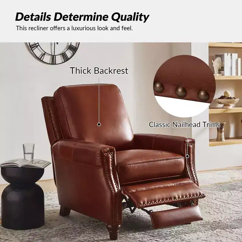 Lot de 2 fauteuils inclinables modernes en cuir véritable Theresa avec garniture cloutée pour le salon et la chambre à coucher | ART OF LIVING DESIGNS