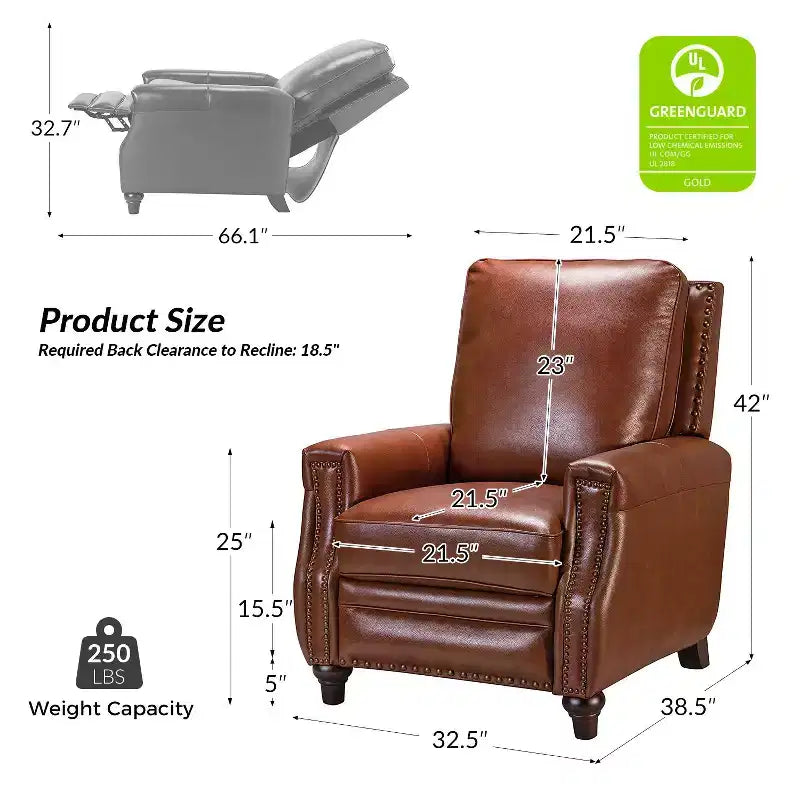 Lot de 2 fauteuils inclinables modernes en cuir véritable Theresa avec garniture cloutée pour le salon et la chambre à coucher | ART OF LIVING DESIGNS