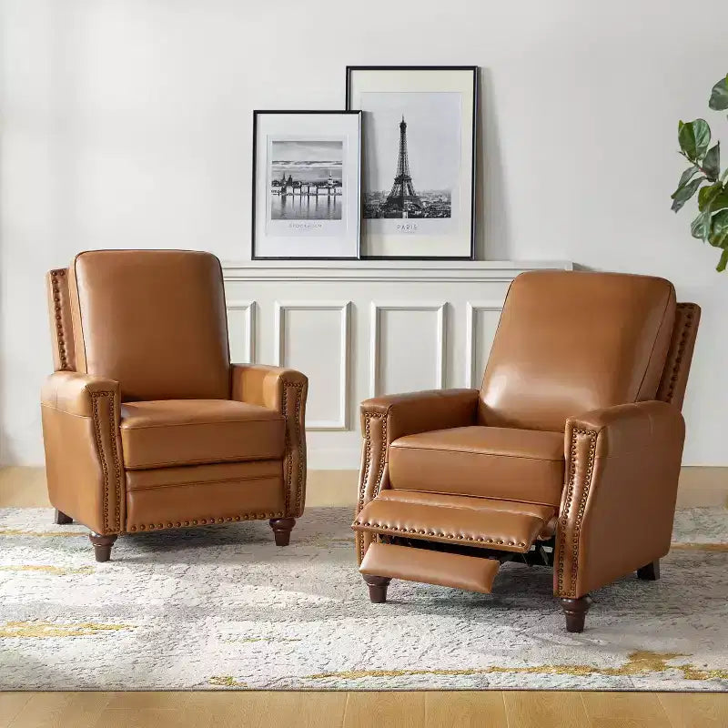Lot de 2 fauteuils inclinables modernes en cuir véritable Theresa avec garniture cloutée pour le salon et la chambre à coucher | ART OF LIVING DESIGNS