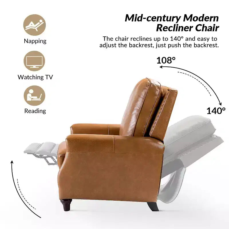 Lot de 2 fauteuils inclinables modernes en cuir véritable Theresa avec garniture cloutée pour le salon et la chambre à coucher | ART OF LIVING DESIGNS