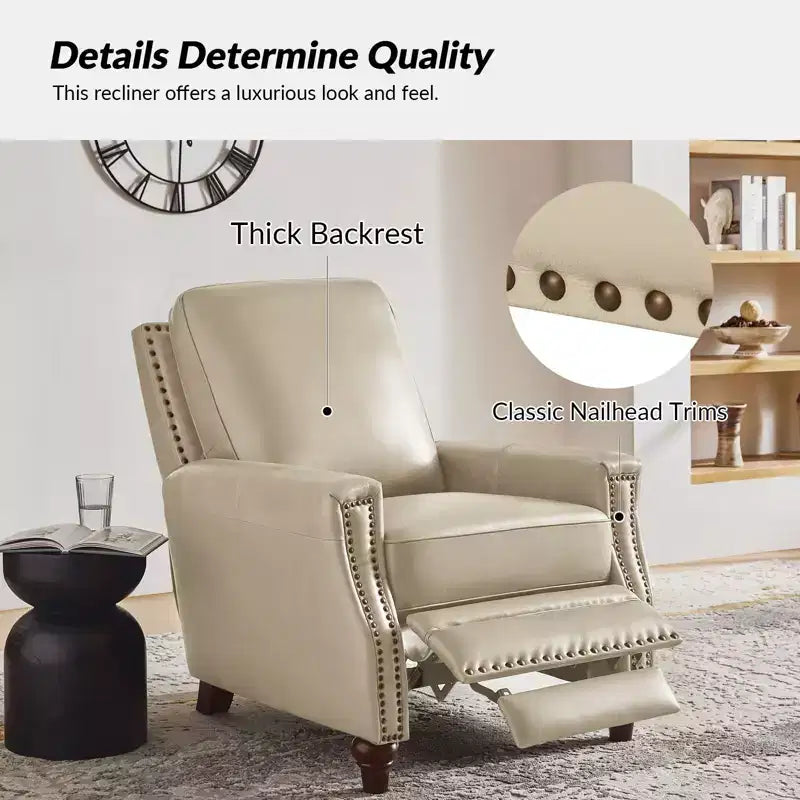 Lot de 2 fauteuils inclinables modernes en cuir véritable Theresa avec garniture cloutée pour le salon et la chambre à coucher | ART OF LIVING DESIGNS