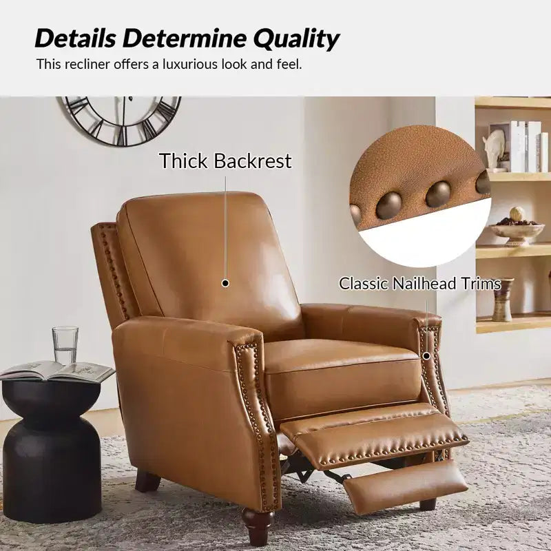 Lot de 2 fauteuils inclinables modernes en cuir véritable Theresa avec garniture cloutée pour le salon et la chambre à coucher | ART OF LIVING DESIGNS