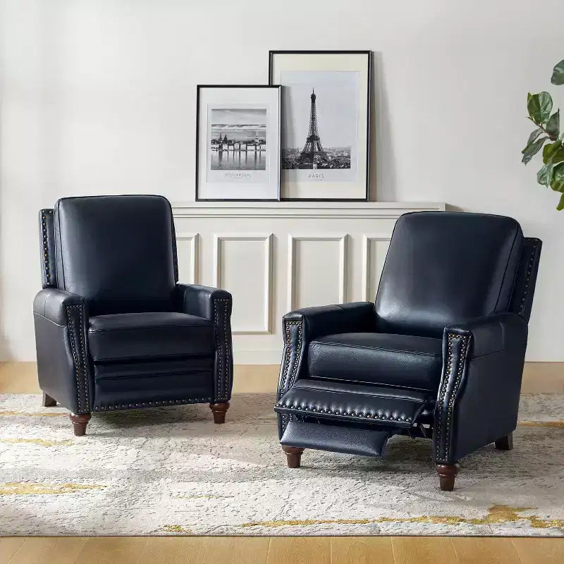 Lot de 2 fauteuils inclinables modernes en cuir véritable Theresa avec garniture cloutée pour le salon et la chambre à coucher | ART OF LIVING DESIGNS