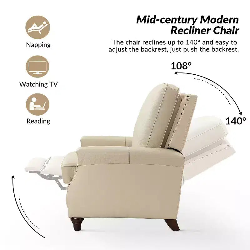 Lot de 2 fauteuils inclinables modernes en cuir véritable Theresa avec garniture cloutée pour le salon et la chambre à coucher | ART OF LIVING DESIGNS