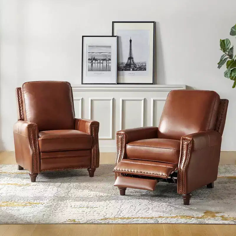 Lot de 2 fauteuils inclinables modernes en cuir véritable Theresa avec garniture cloutée pour le salon et la chambre à coucher | ART OF LIVING DESIGNS