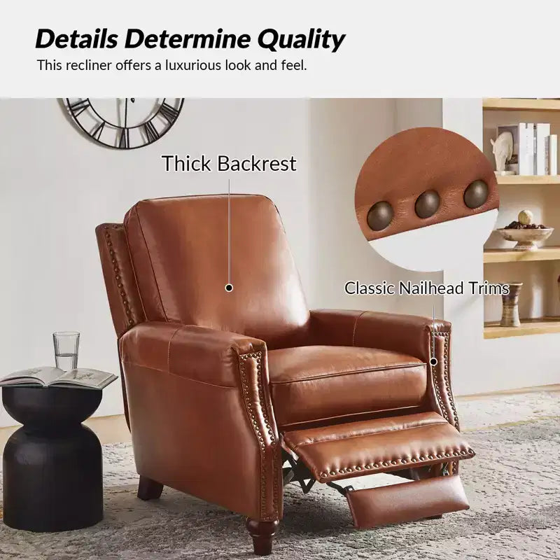 Lot de 2 fauteuils inclinables modernes en cuir véritable Theresa avec garniture cloutée pour le salon et la chambre à coucher | ART OF LIVING DESIGNS