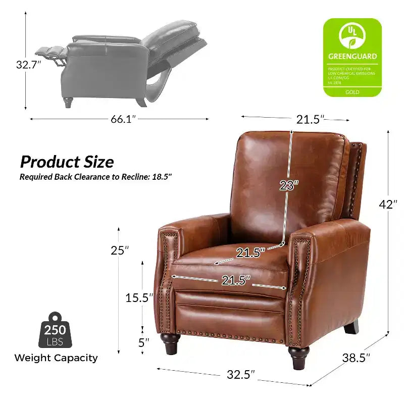 Lot de 2 fauteuils inclinables modernes en cuir véritable Theresa avec garniture cloutée pour le salon et la chambre à coucher | ART OF LIVING DESIGNS