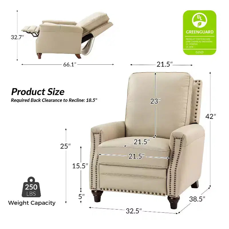 Lot de 2 fauteuils inclinables modernes en cuir véritable Theresa avec garniture cloutée pour le salon et la chambre à coucher | ART OF LIVING DESIGNS