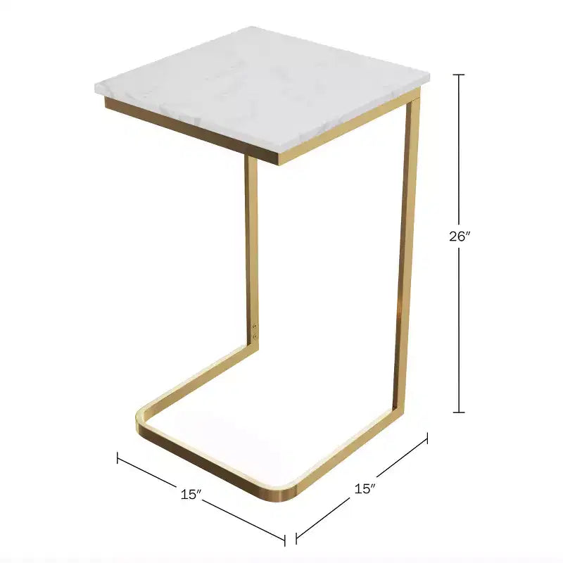 Table d'appoint en C Lavish Home - Table d'appoint en véritable marbre avec cadre en fer doré pour canapé, causeuse ou lit - Meuble de salon moderne, blanc