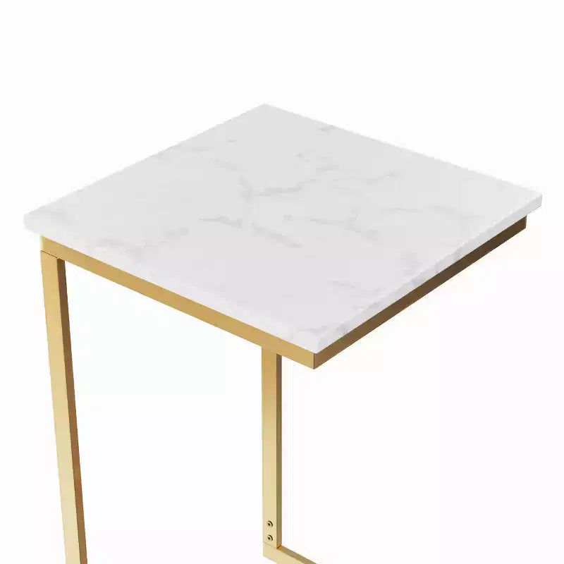 Table d'appoint en C Lavish Home - Table d'appoint en véritable marbre avec cadre en fer doré pour canapé, causeuse ou lit - Meuble de salon moderne, blanc