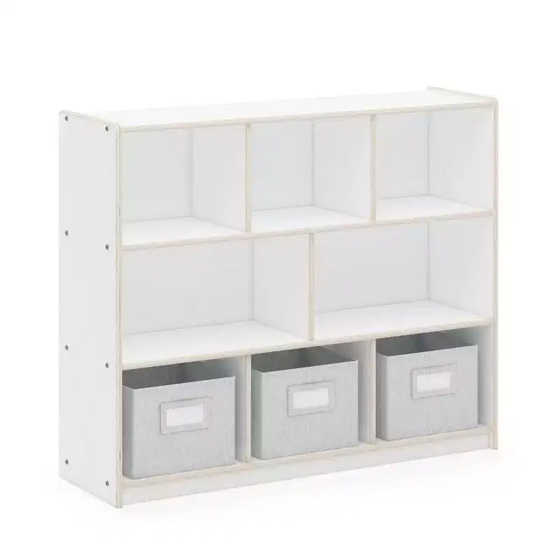 Meuble de rangement Guidecraft EdQ à 3 étagères et 8 compartiments 36 : organiseur étagère cube en bois, bibliothèque pour la maison et la salle de classe avec bacs en tissu