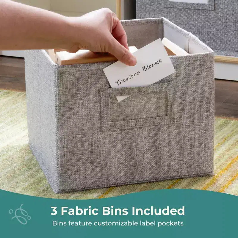 Meuble de rangement Guidecraft EdQ à 3 étagères et 8 compartiments 36 : organiseur étagère cube en bois, bibliothèque pour la maison et la salle de classe avec bacs en tissu