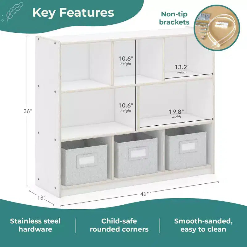 Meuble de rangement Guidecraft EdQ à 3 étagères et 8 compartiments 36 : organiseur étagère cube en bois, bibliothèque pour la maison et la salle de classe avec bacs en tissu