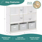 Meuble de rangement Guidecraft EdQ à 3 étagères et 8 compartiments 36 : organiseur étagère cube en bois, bibliothèque pour la maison et la salle de classe avec bacs en tissu