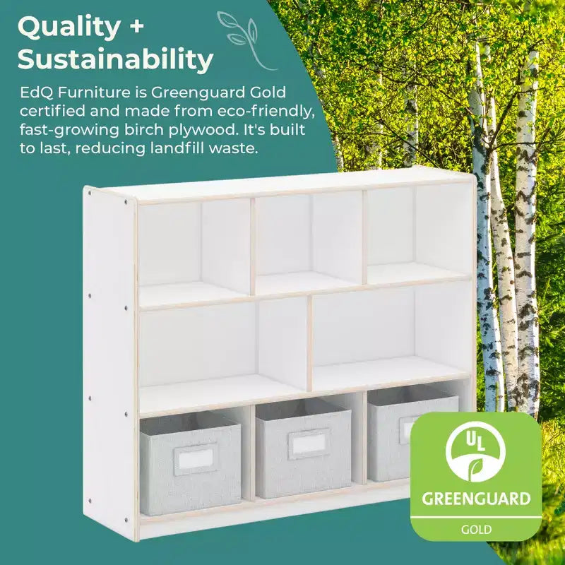Meuble de rangement Guidecraft EdQ à 3 étagères et 8 compartiments 36 : organiseur étagère cube en bois, bibliothèque pour la maison et la salle de classe avec bacs en tissu