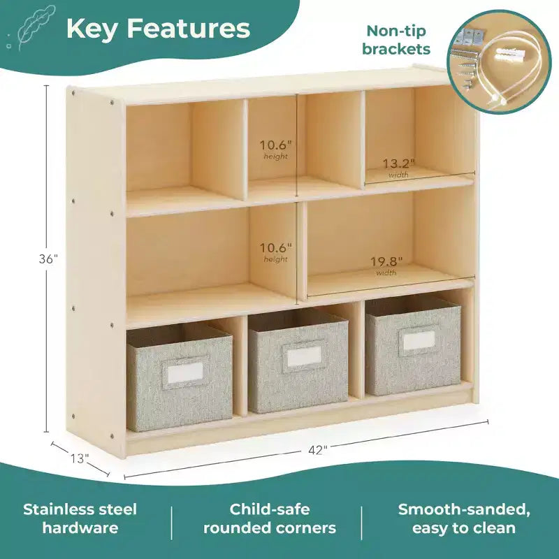 Meuble de rangement Guidecraft EdQ à 3 étagères et 8 compartiments 36 : organiseur étagère cube en bois, bibliothèque pour la maison et la salle de classe avec bacs en tissu