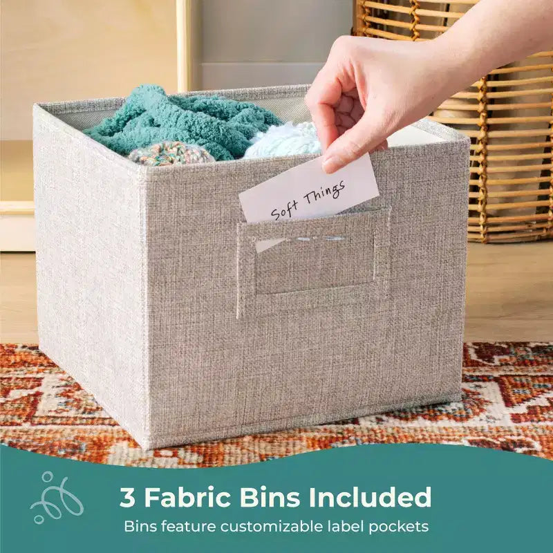 Meuble de rangement Guidecraft EdQ à 3 étagères et 8 compartiments 36 : organiseur étagère cube en bois, bibliothèque pour la maison et la salle de classe avec bacs en tissu