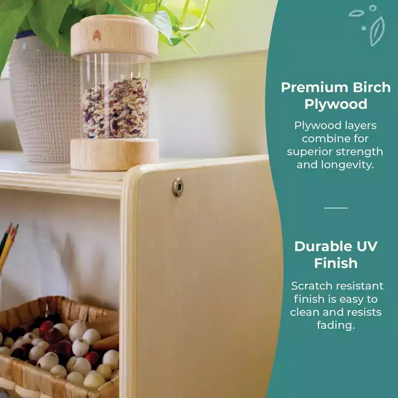 Meuble de rangement Guidecraft EdQ à 3 étagères et 8 compartiments 36 : organiseur étagère cube en bois, bibliothèque pour la maison et la salle de classe avec bacs en tissu
