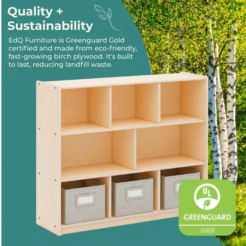 Meuble de rangement Guidecraft EdQ à 3 étagères et 8 compartiments 36 : organiseur étagère cube en bois, bibliothèque pour la maison et la salle de classe avec bacs en tissu
