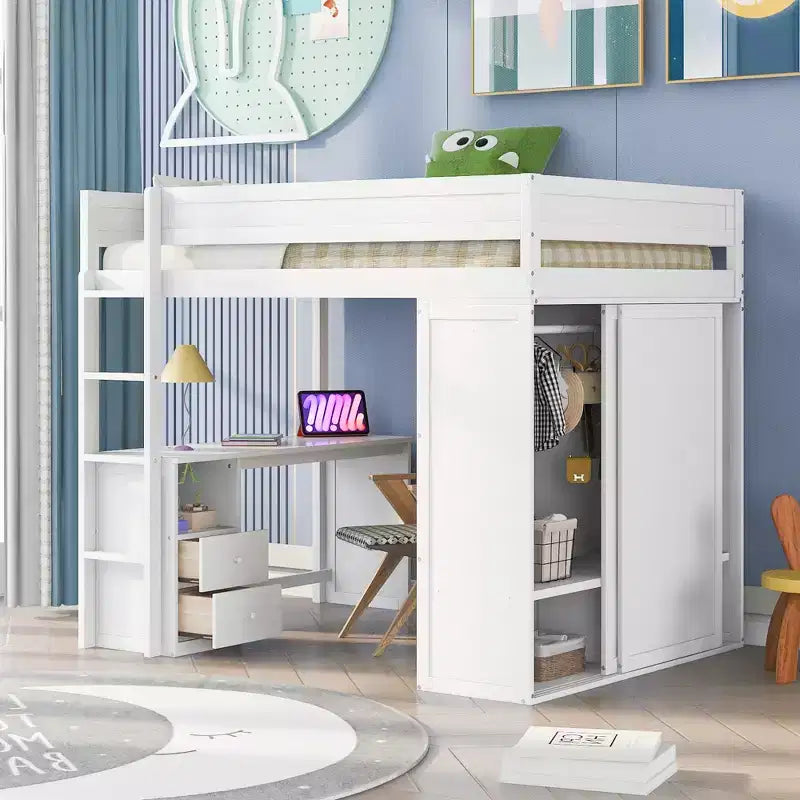 Lit mezzanine en bois avec armoires et bureau 2 tiroirs avec armoire-ModernLuxe