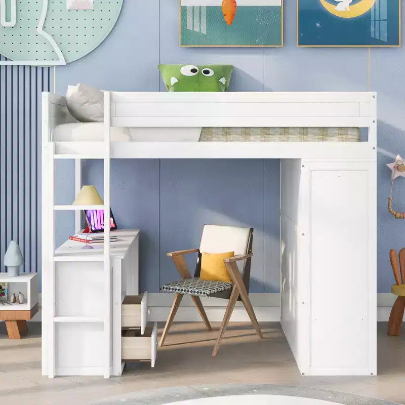 Lit mezzanine en bois avec armoires et bureau 2 tiroirs avec armoire-ModernLuxe